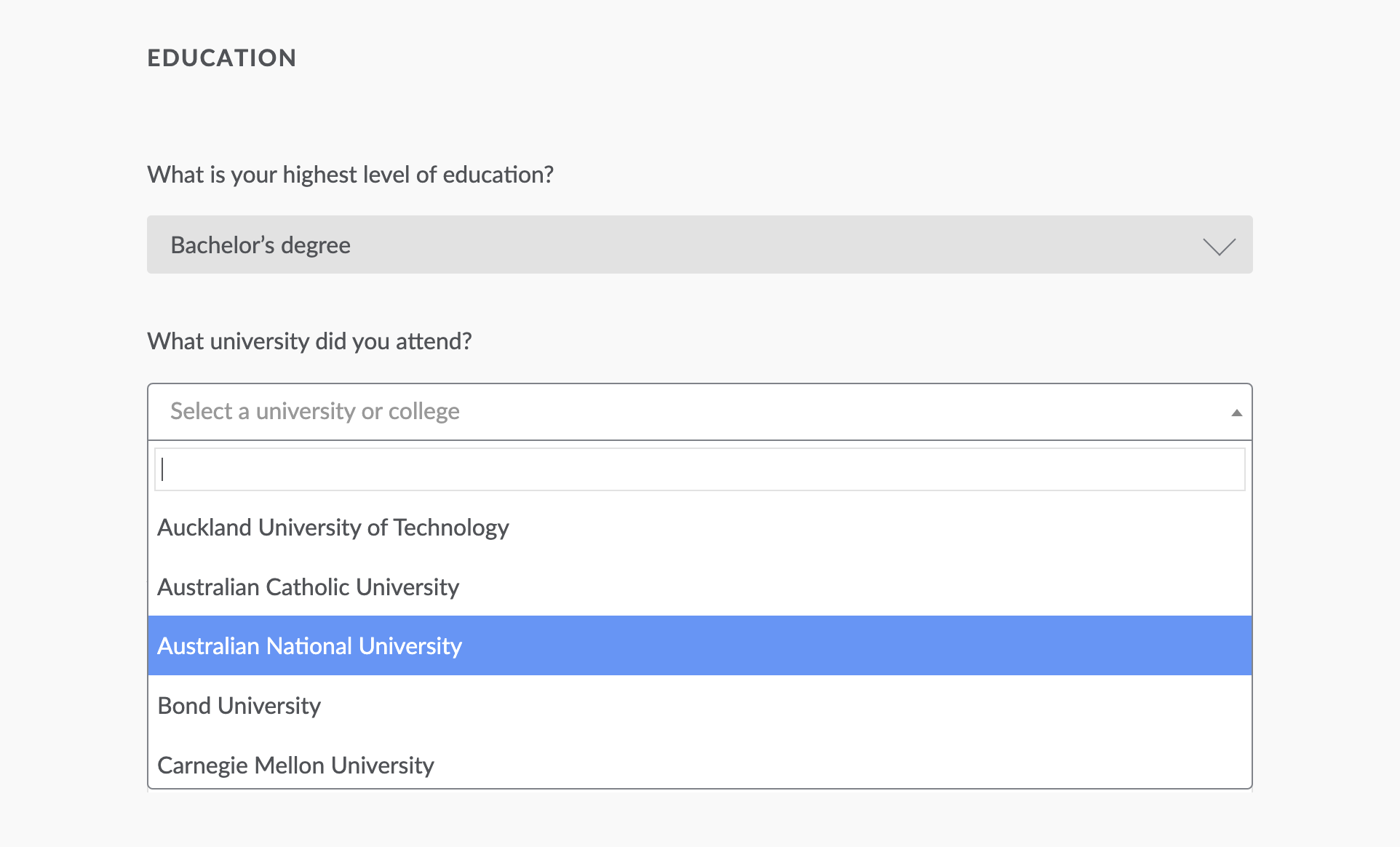 Education section of application page with university dropdown