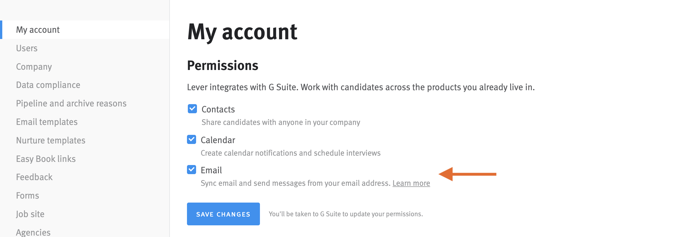 Account permissions page with arrow pointing to email check box