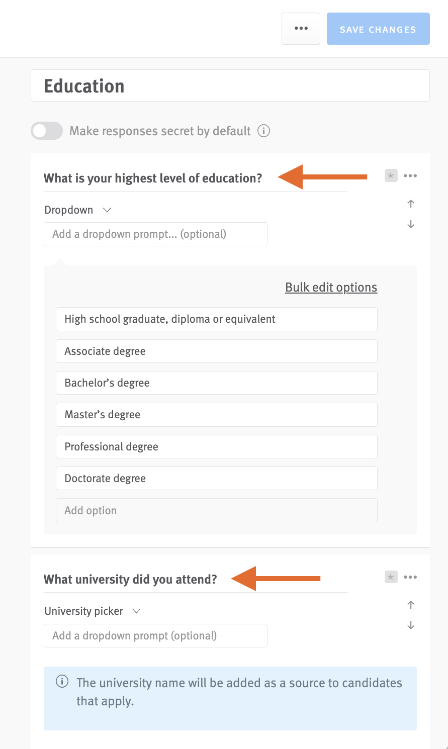 Education question editor with arrow pointing two education questions
