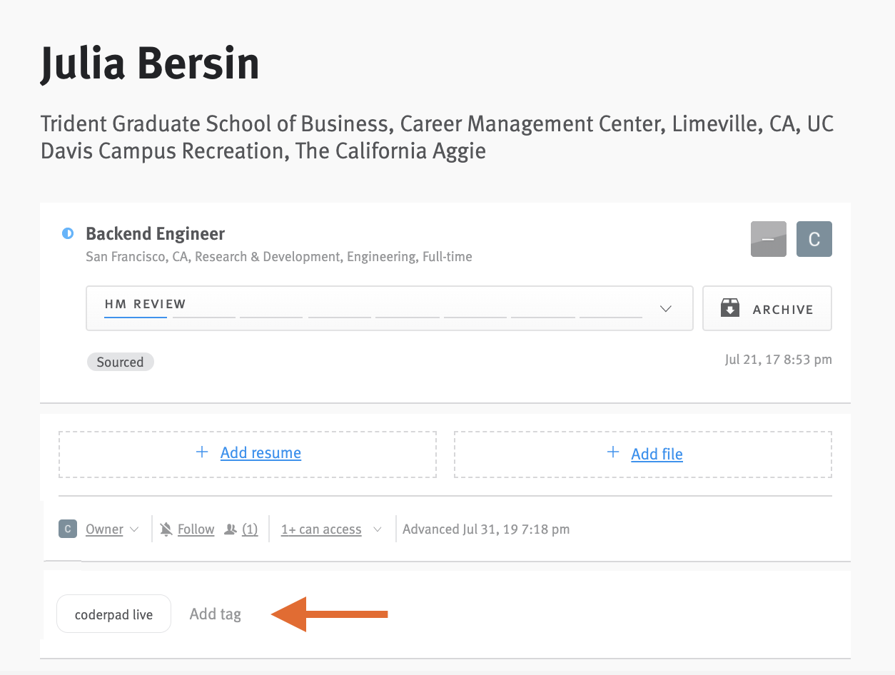 Candidate profile with arrow pointing to tag section