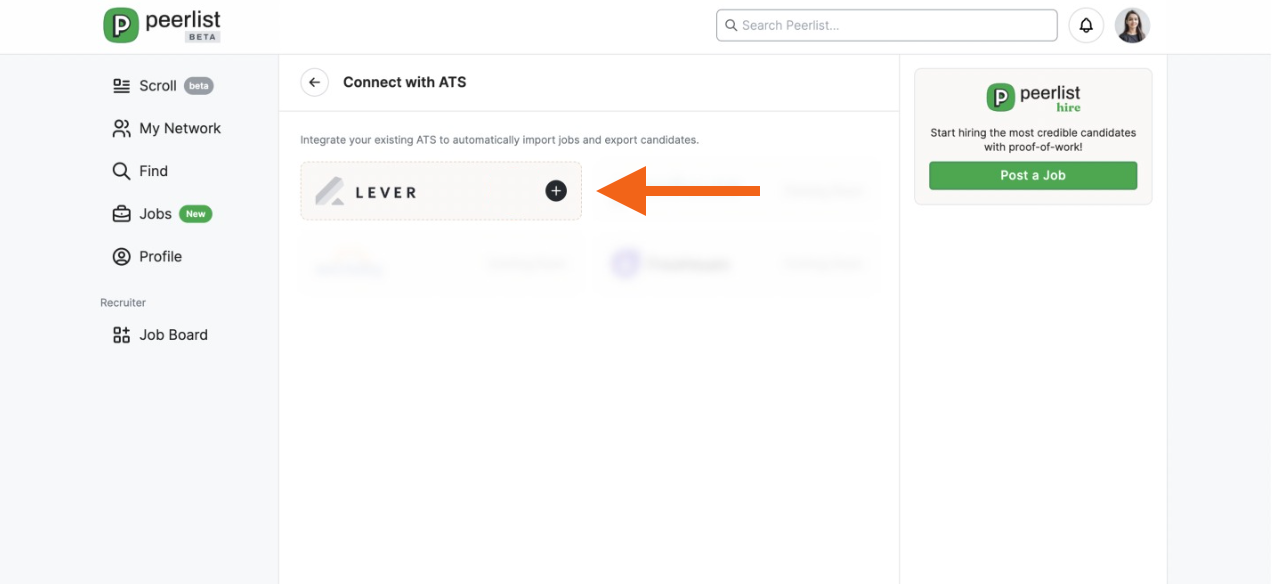 Connect with ATS page with arrow pointing to plus icon next to the Lever icon