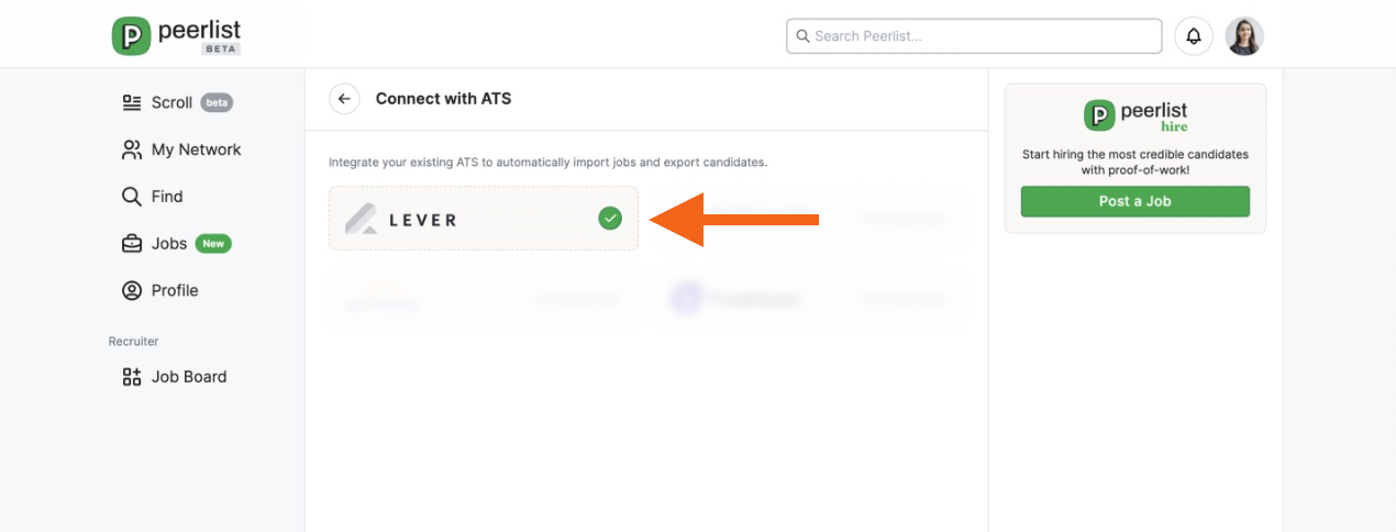 Connect with ATS page with arrow pointing to the green check mark icon next to the Lever icon