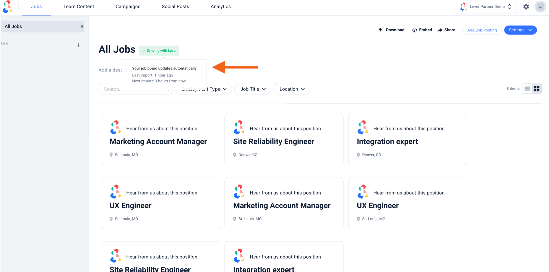 Largely jobs page with arrow pointing to job board update confirmation