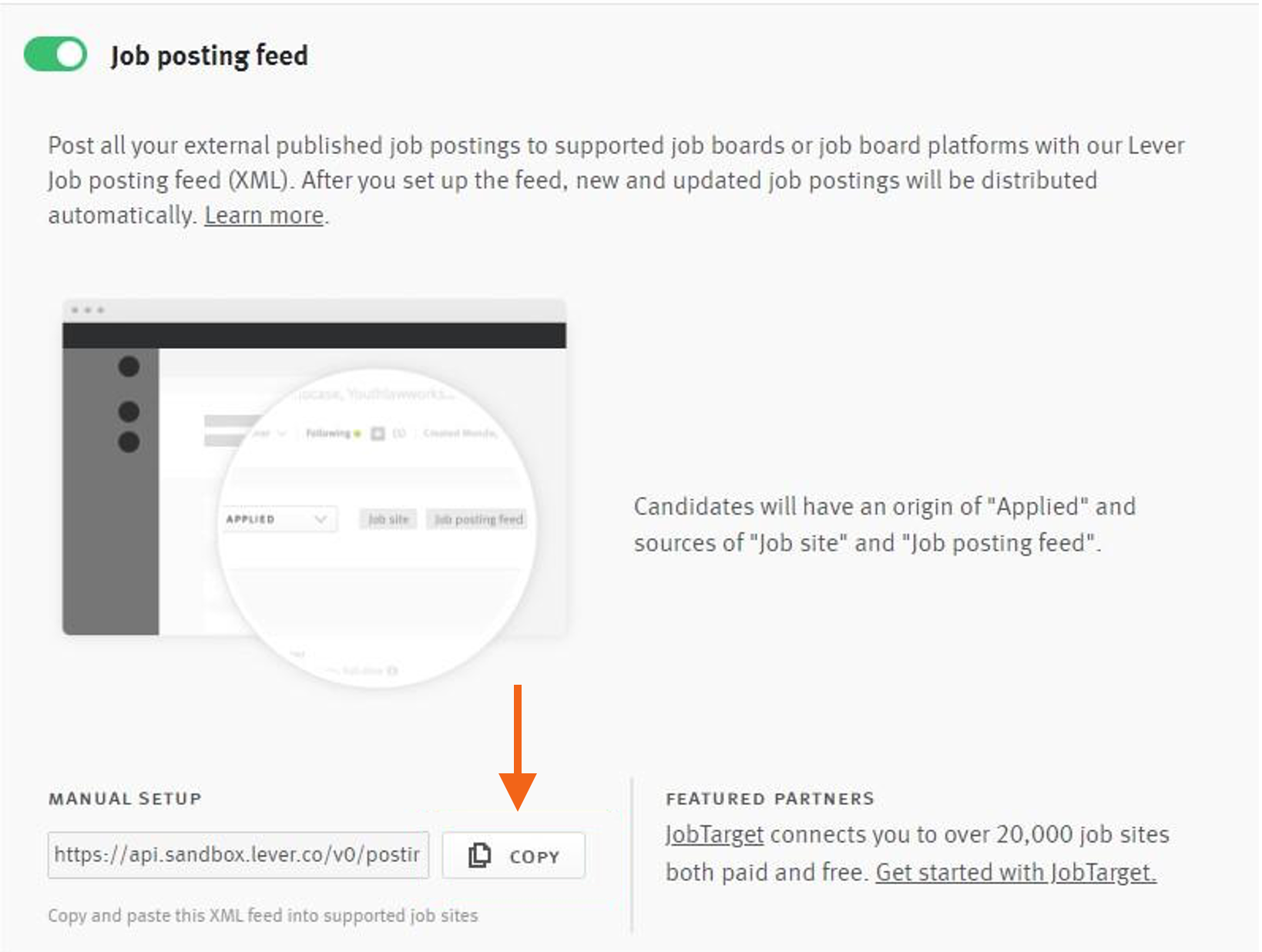 Lever job posting feed section with arrow pointing to copy button next to sandbox URL