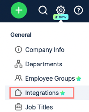 General menu in GroveHR with Integrations option outlined.