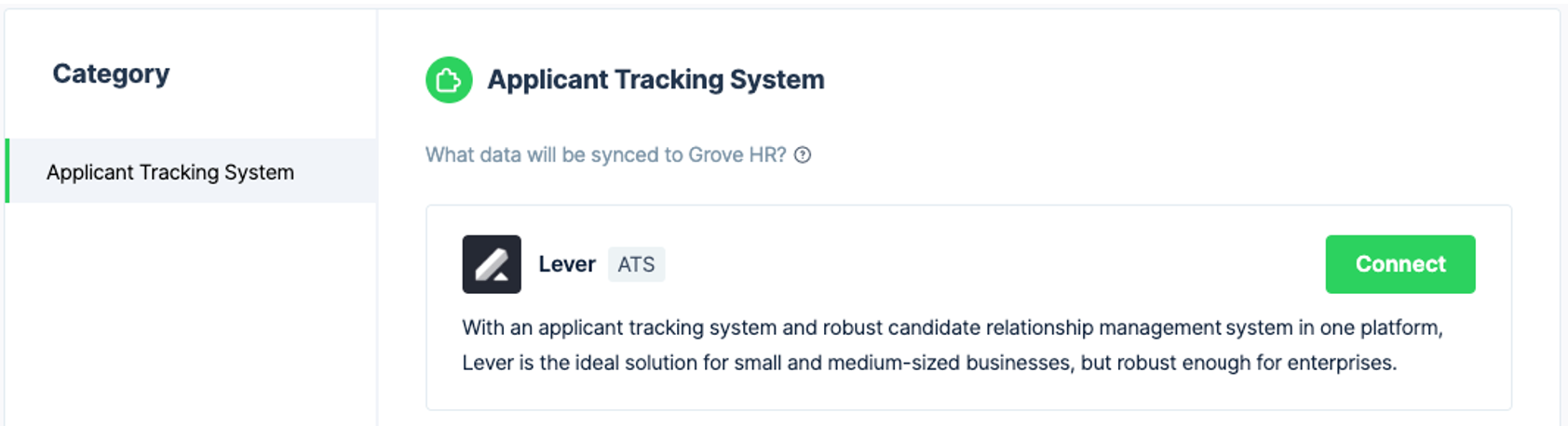 Lever listing on Applicant Tracking System page in GroveHR.