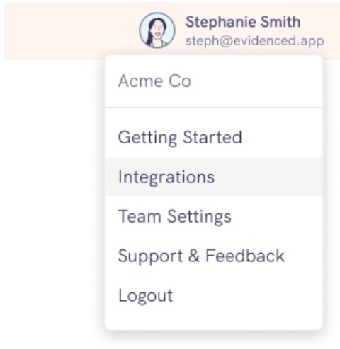 Menu extending from profile avatar in Evidenced, integrations option highlighted on hover.