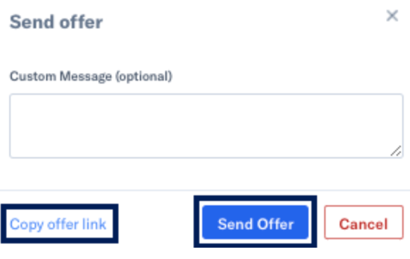 Send Offer button and Copy offer link circled under Custom message text field.