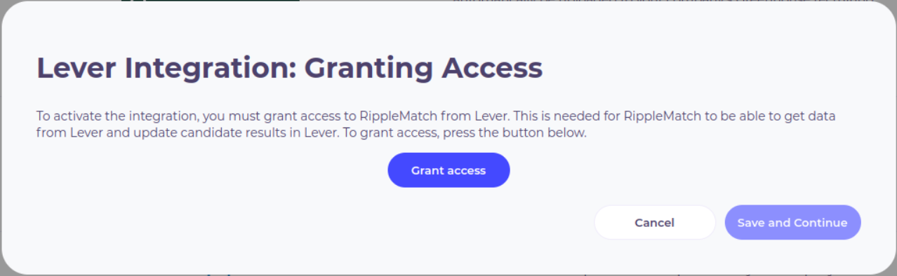 Grant access button on Lever integration listing