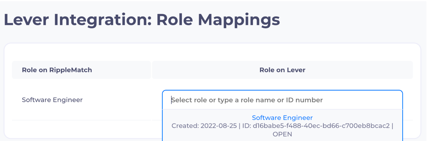 Role mappings page under Lever integration listing in RippleMatch