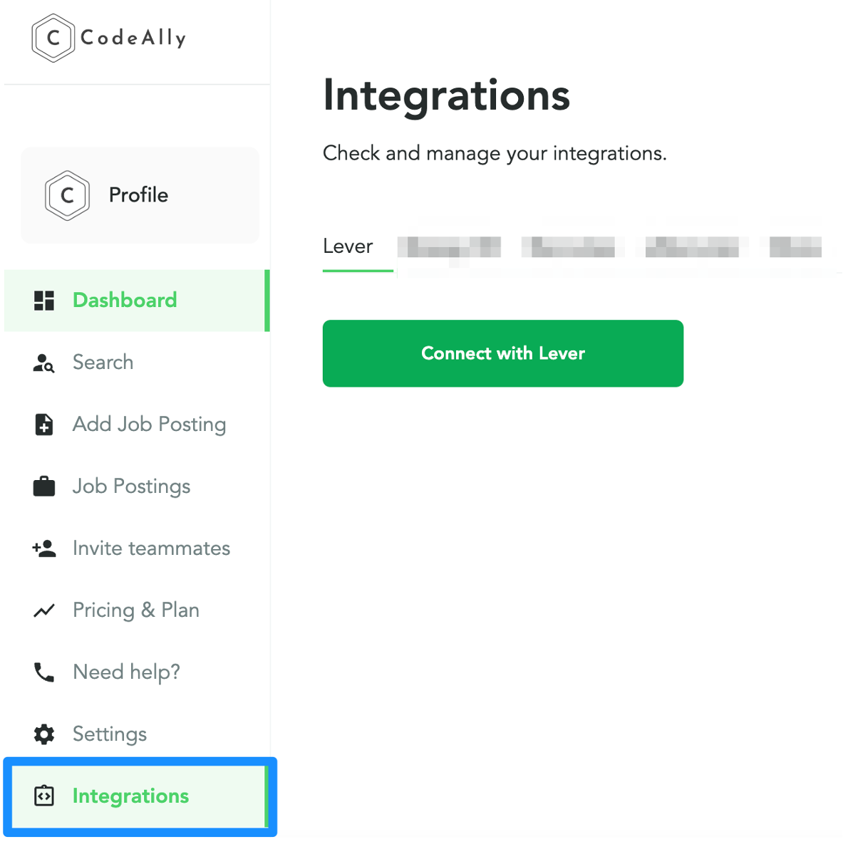 Integrations page in CodeAlly