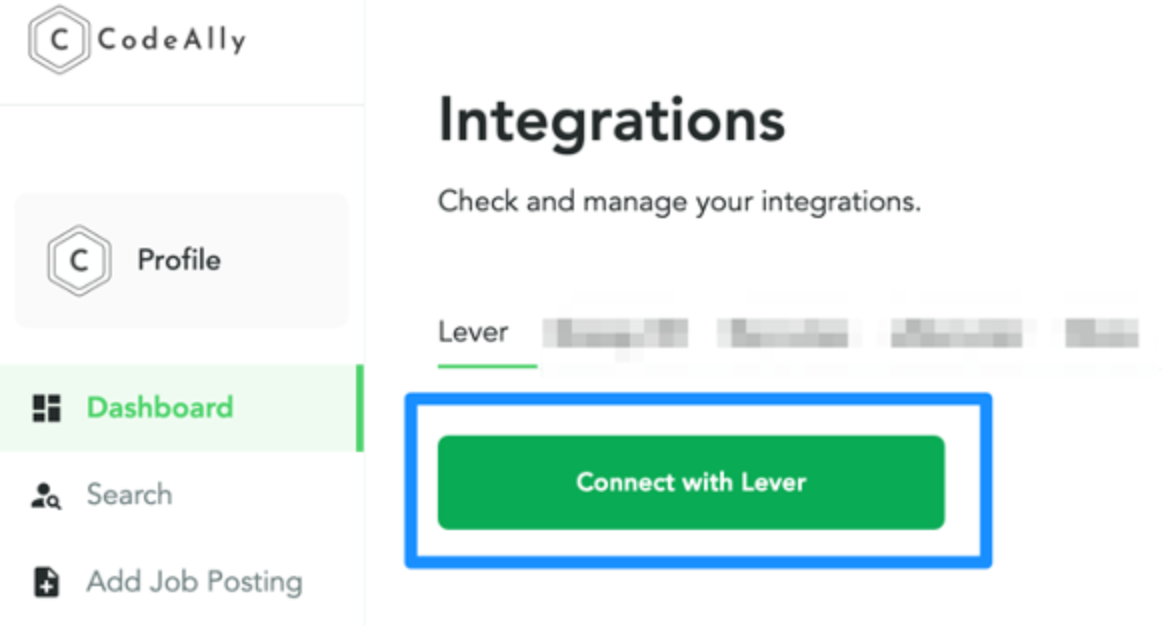 Connect with Lever button outline on integrations page in CodeAlly