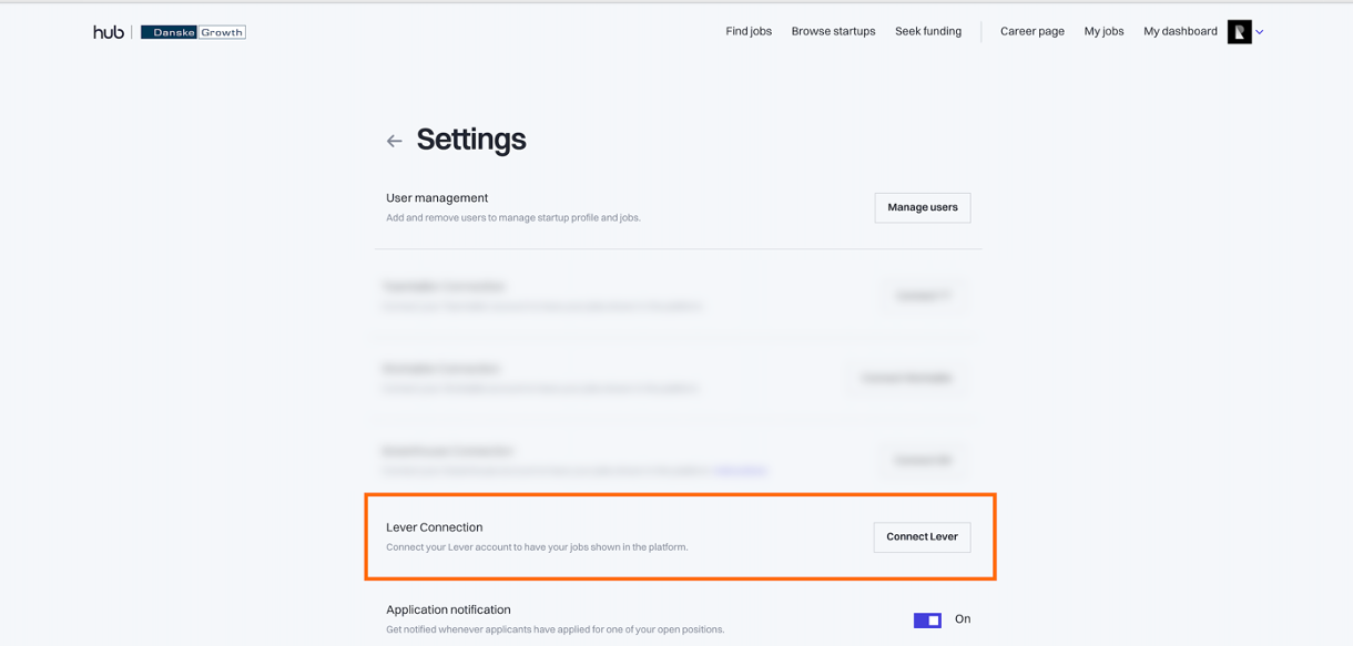 Lever Connection option outlined in The Hub Settings.