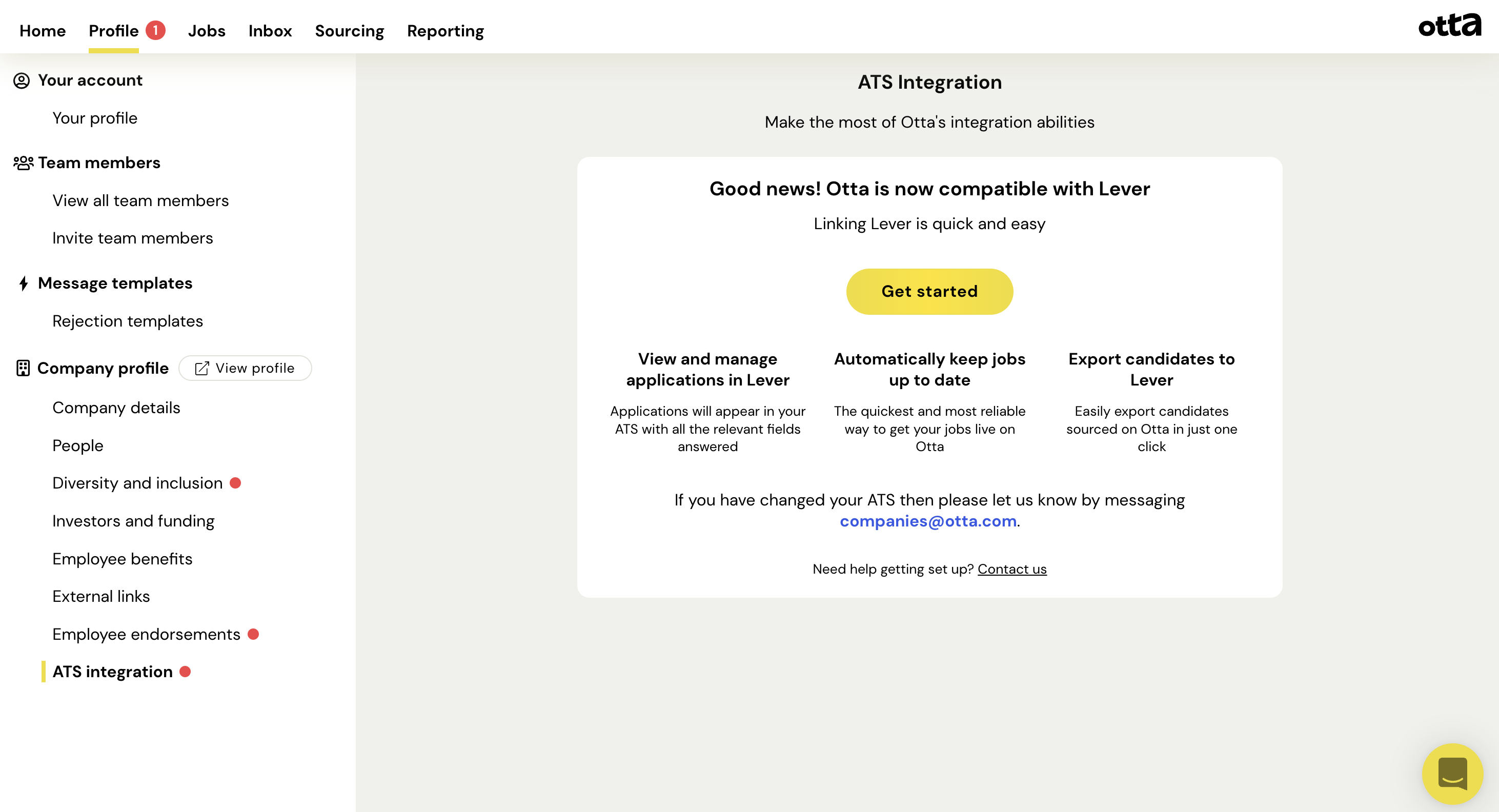 Otta settings showing ATS integration page and get started button