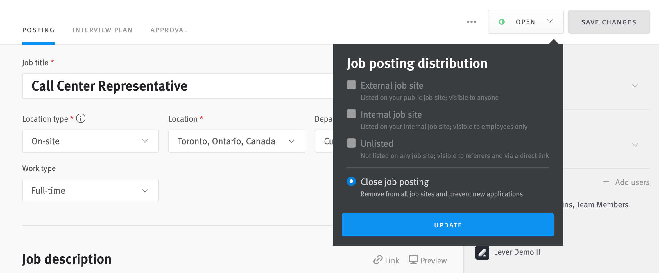 Menu expanded from distribution menu in posting editor; close job posting option is selected