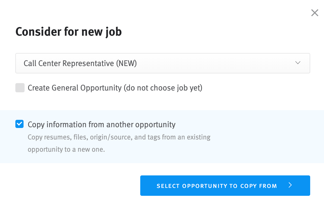 Consider for a new job modal with Copy information from another opportunity checkbox selected