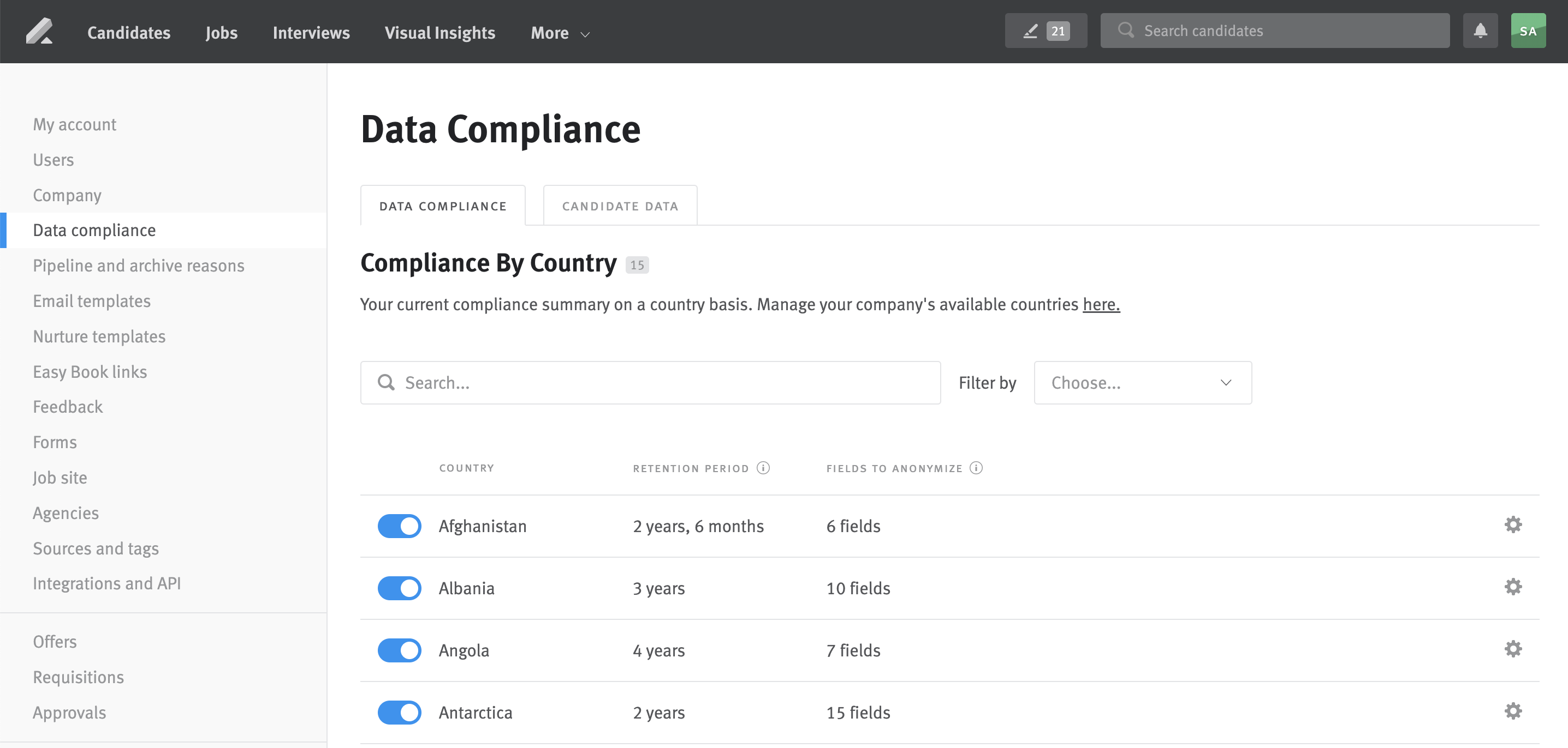 Data compliance settings page