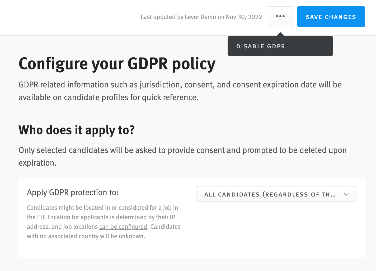 Close up of GDPR policy editor with 'Disable GDPR' option extending from ellispses button