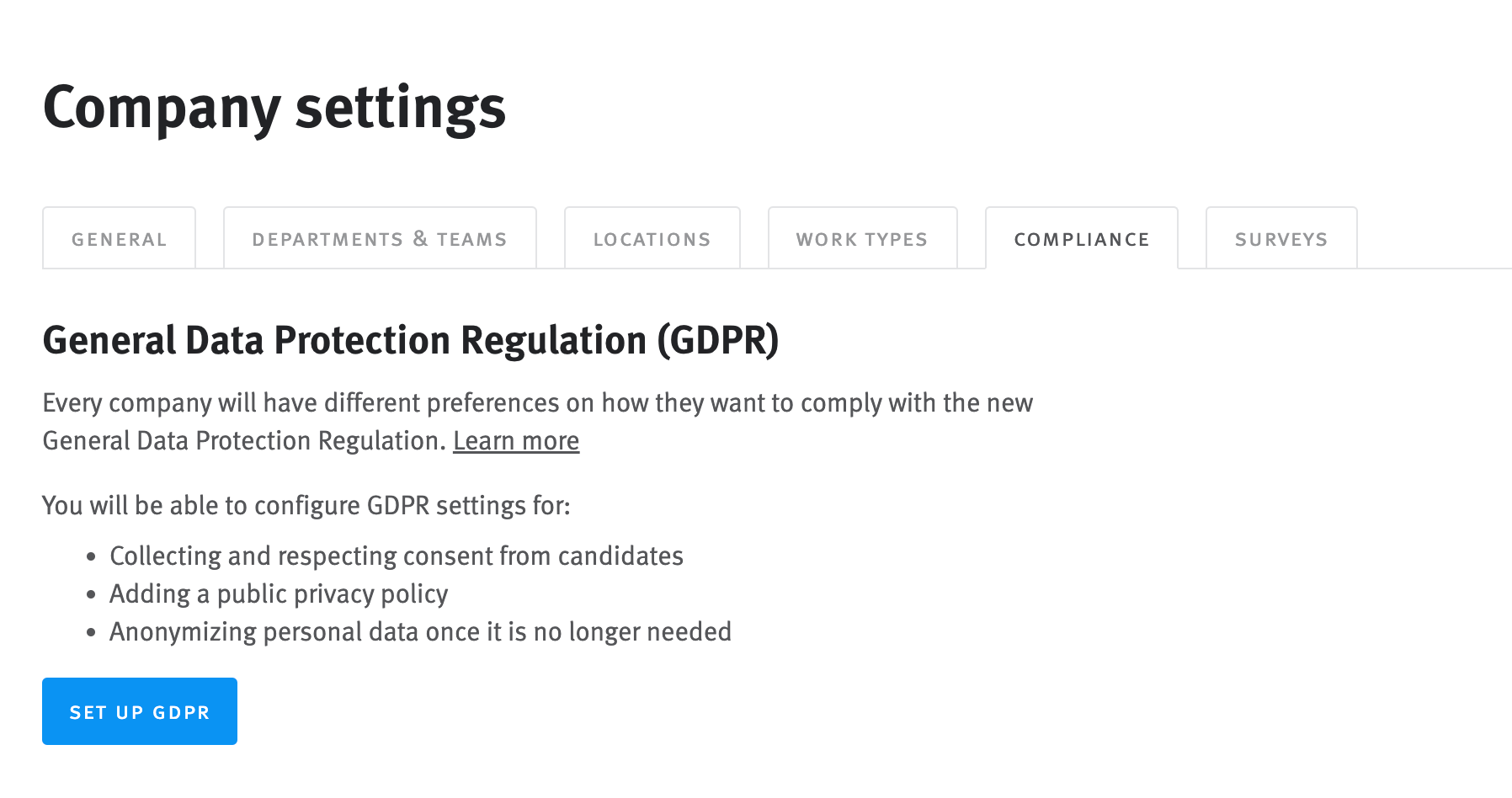 Close up of set up GDPR button in Lever Settings