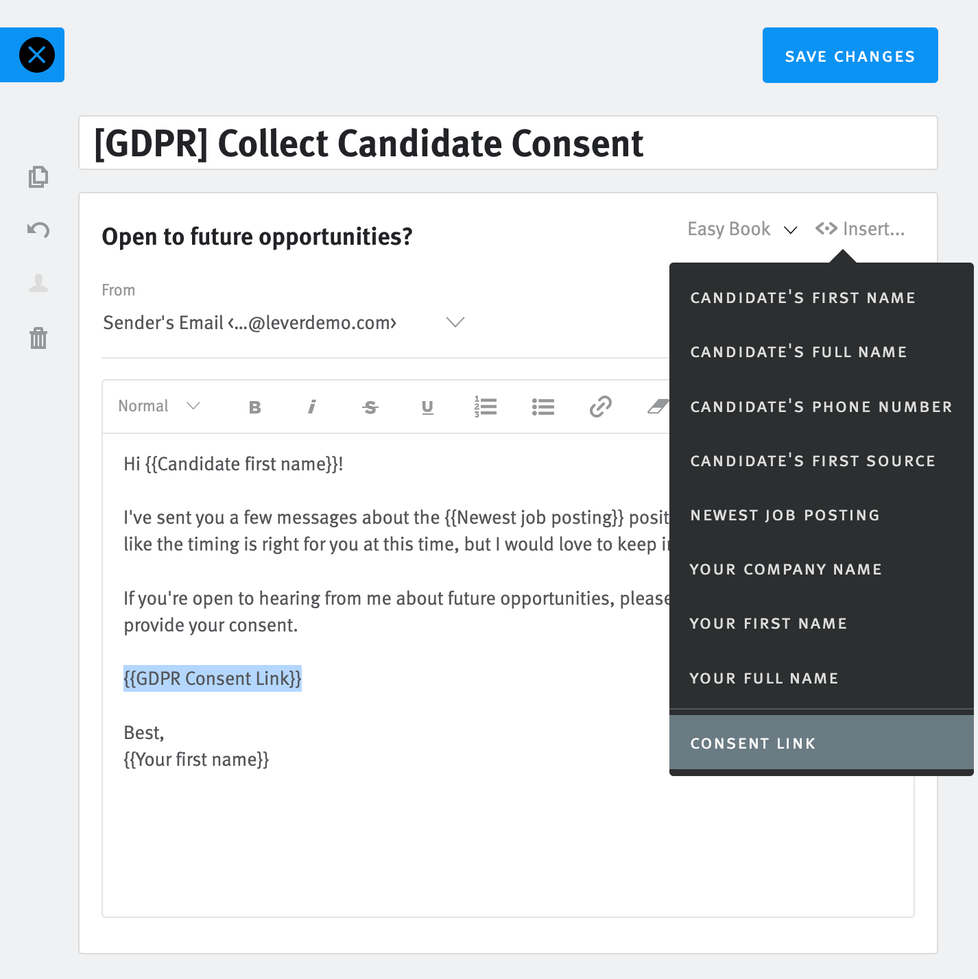 Email template editor with auto-text token menu expanded and consent link option highlighted on hover.