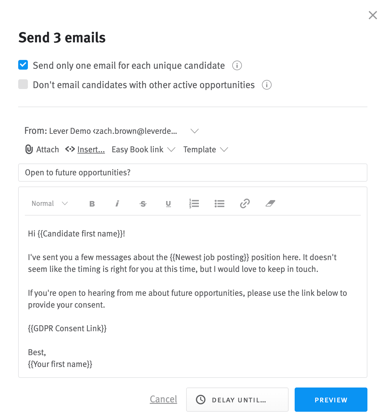 Bulk send email modal with option to only send one email per unique candidate selected.
