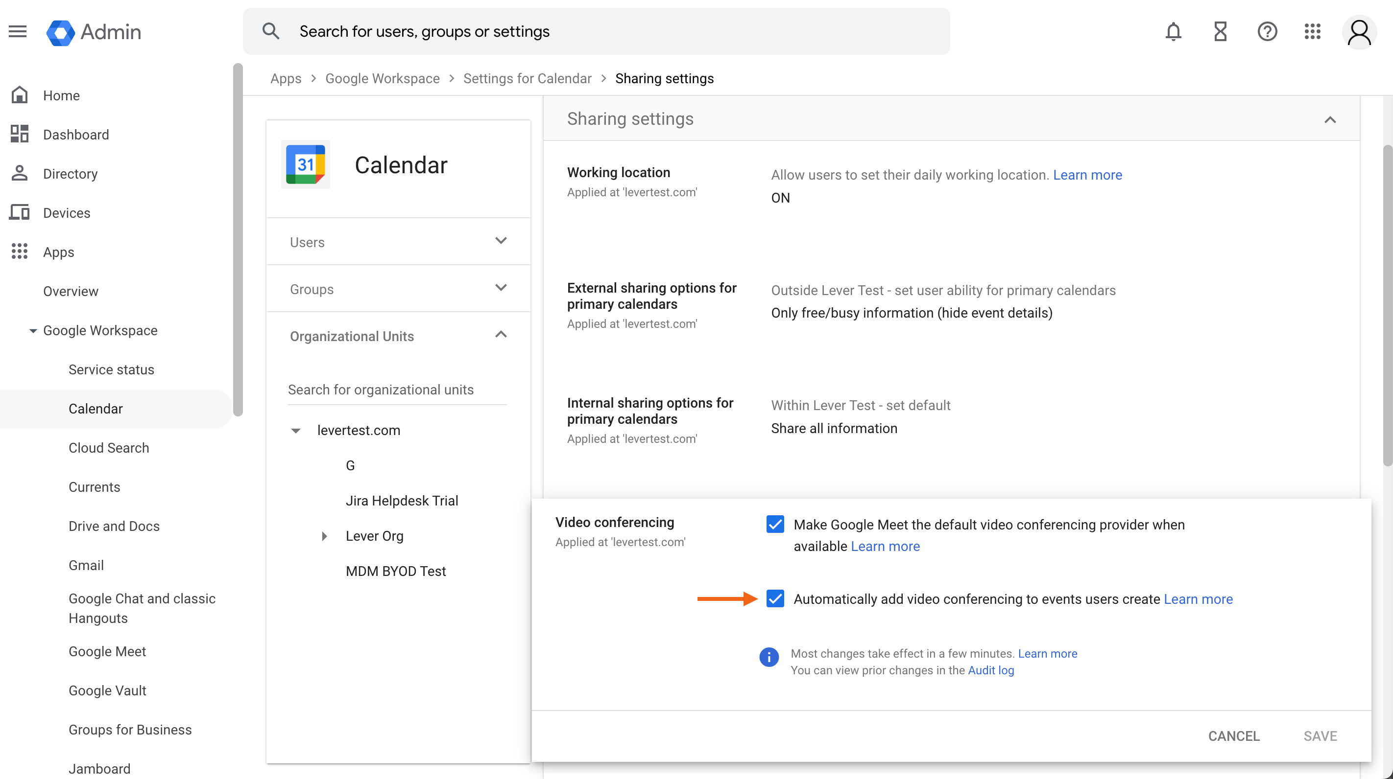 Arrow pointing to checkbox under Video Conference settings in Google Calendar sharing settings.
