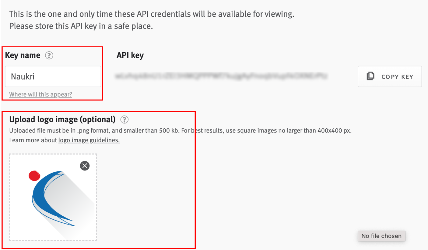 API key configuration interface with Key name and Image upload fields outlined.
