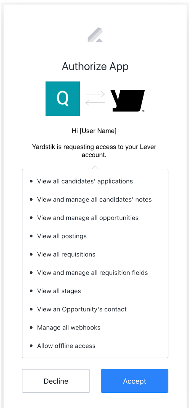 Lever Yardstik authorization modal with list of permissions