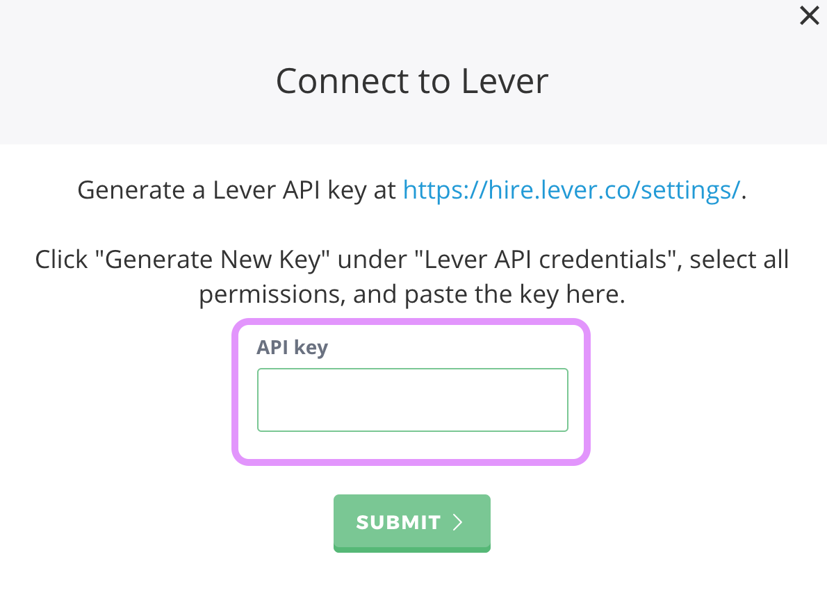 Way up showing connect to Lever modal with API key field outlined