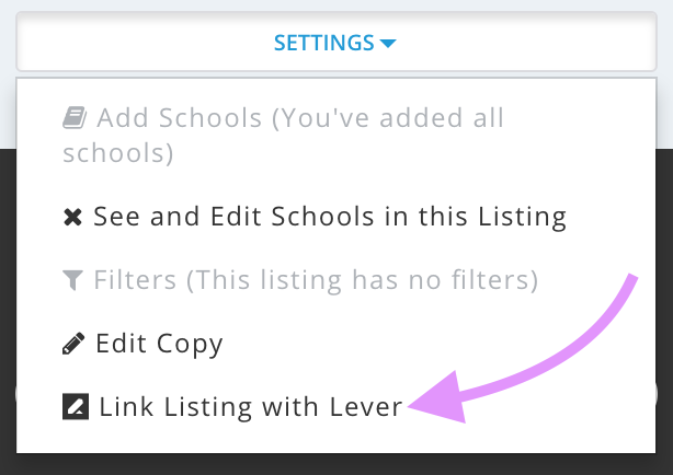 Way up settings modal with arrow pointing to link listing with Lever