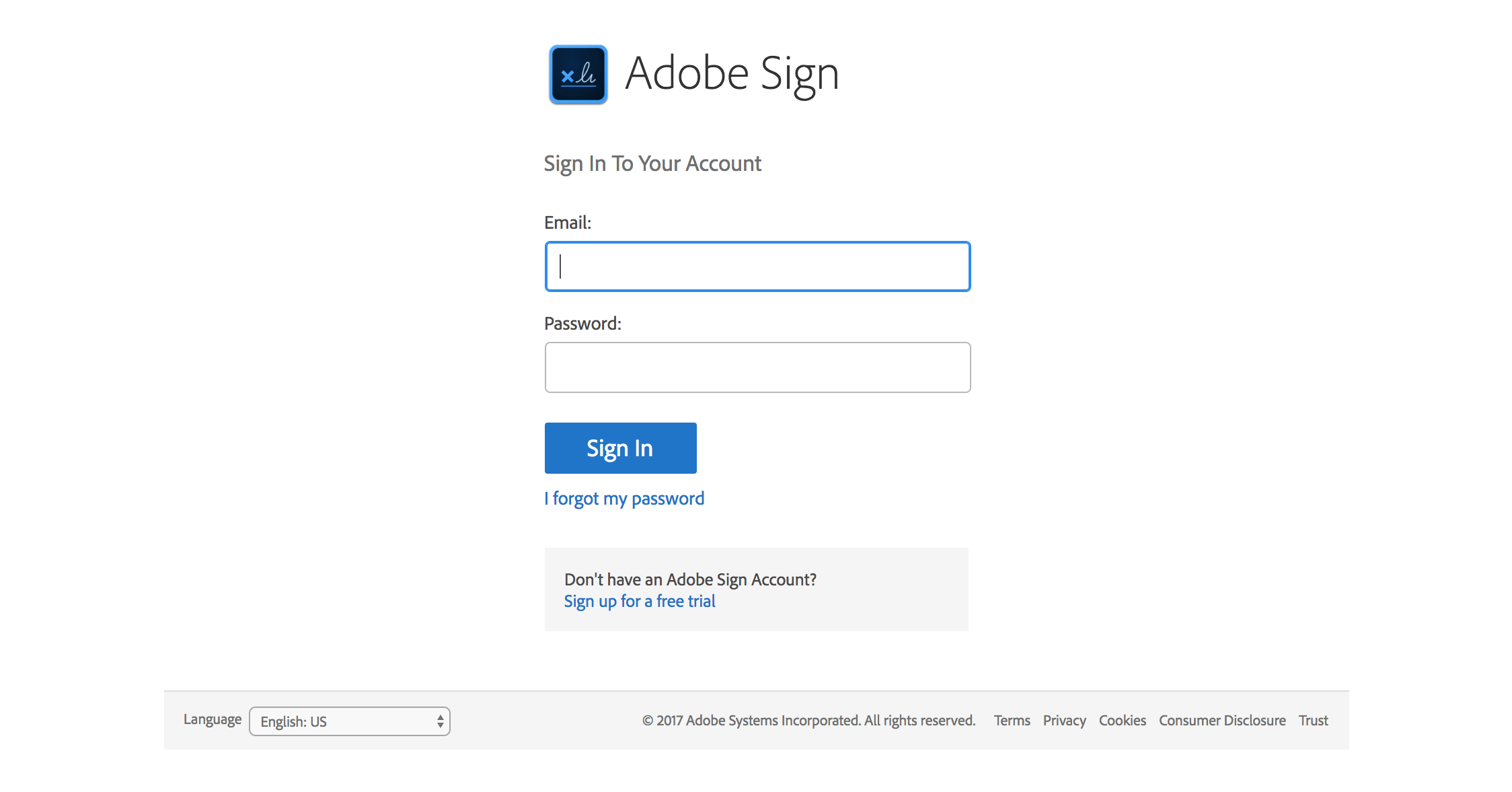 Adobe Sign sign in page.