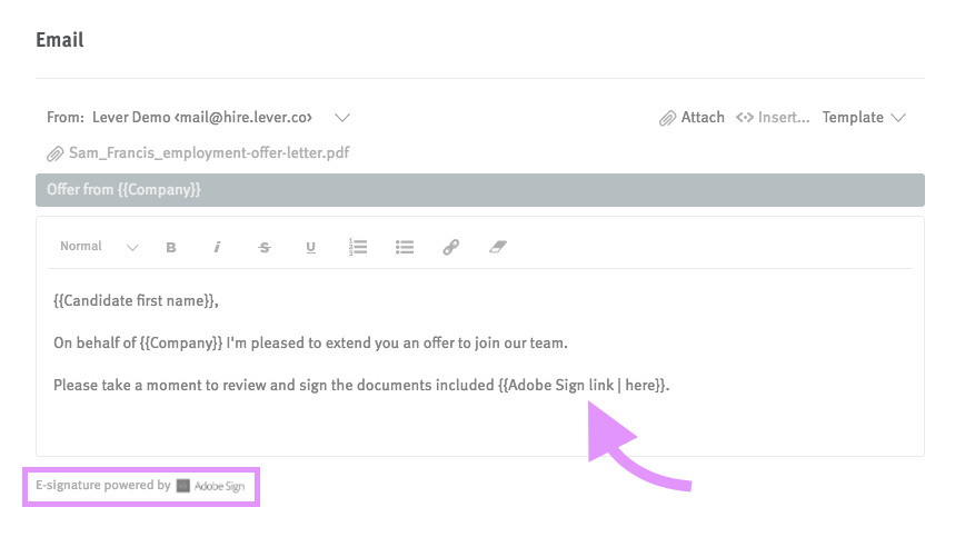 Offer letter email editor with arrow pointing to Adobe Sign link placeholder and powered by Adobe Sign circled underneath email body field.