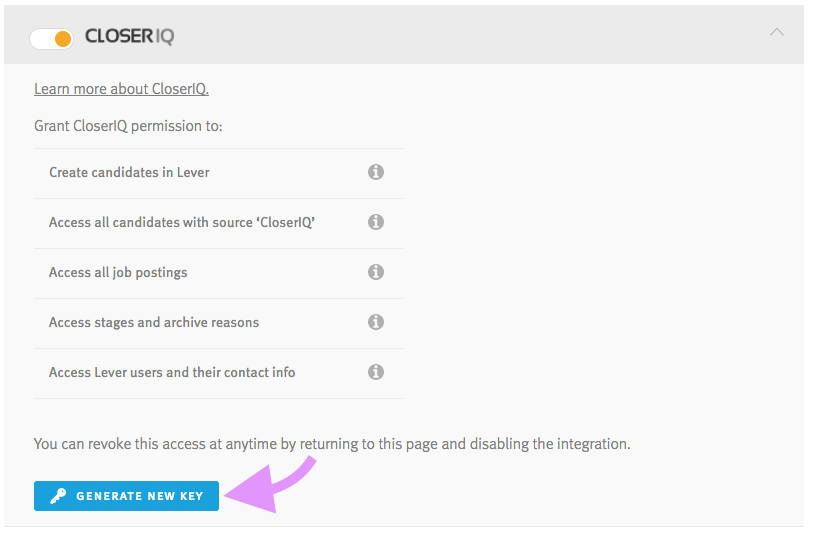 Lever integrations and api settings page showing closeriq section with arrow pointing to generate new key button
