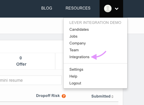 Closer IQ settings page with arrow pointing to integrations from dropdown menu