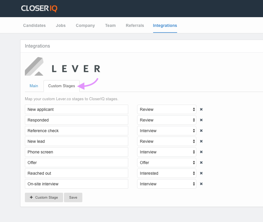 CloserIQ integrations tab with arrow pointing to custom stages tab in Lever section