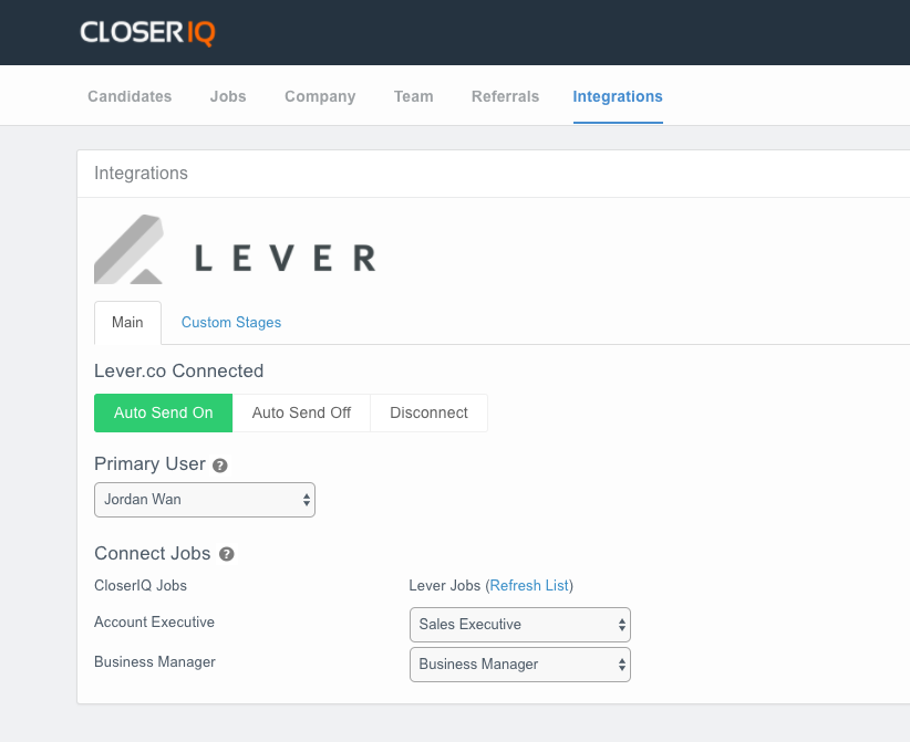 CloserIQ integrations tab showing main tab in lever section