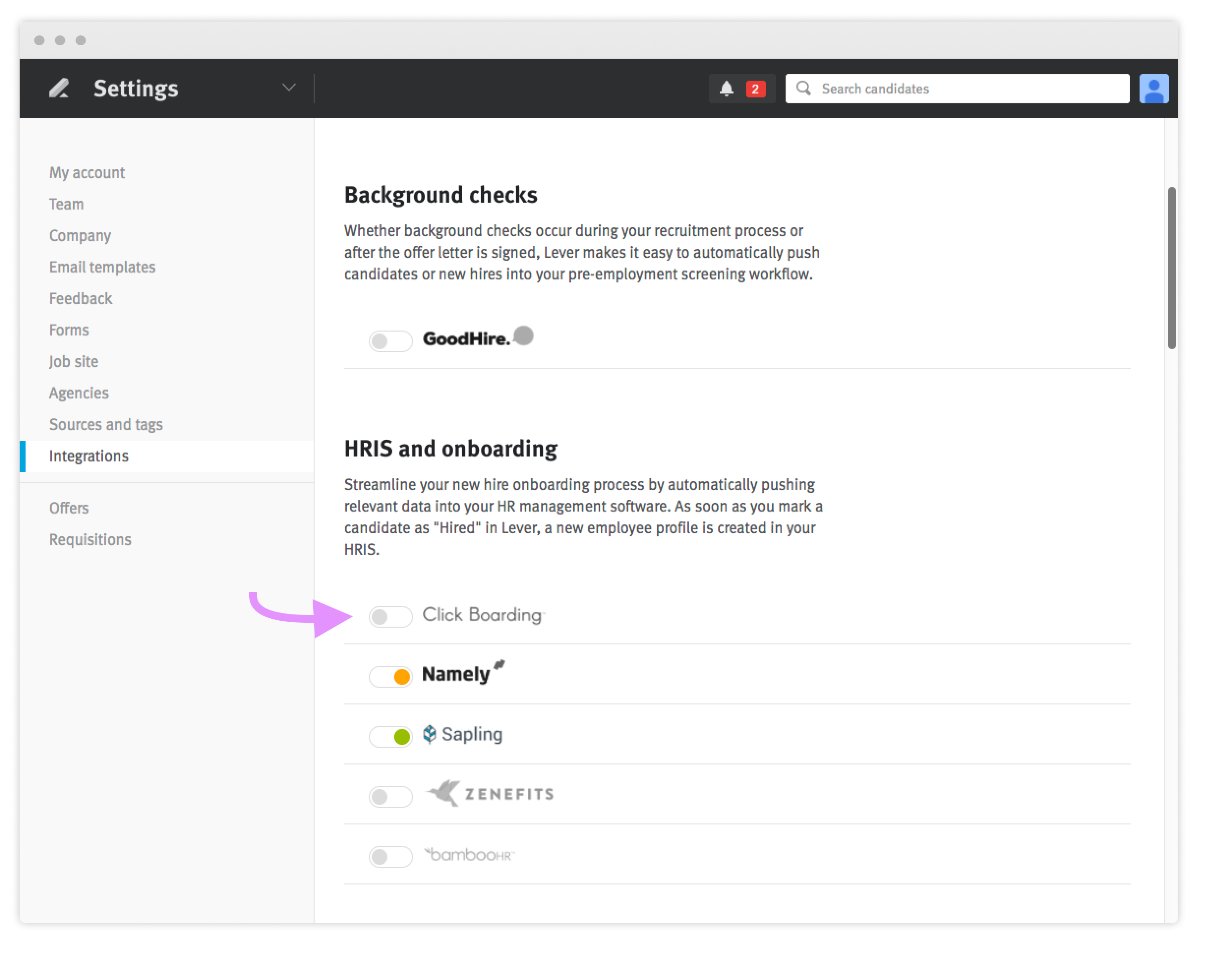 Lever integrations settings page with arrow pointing to click boarding toggle in the HRIS and onboarding section