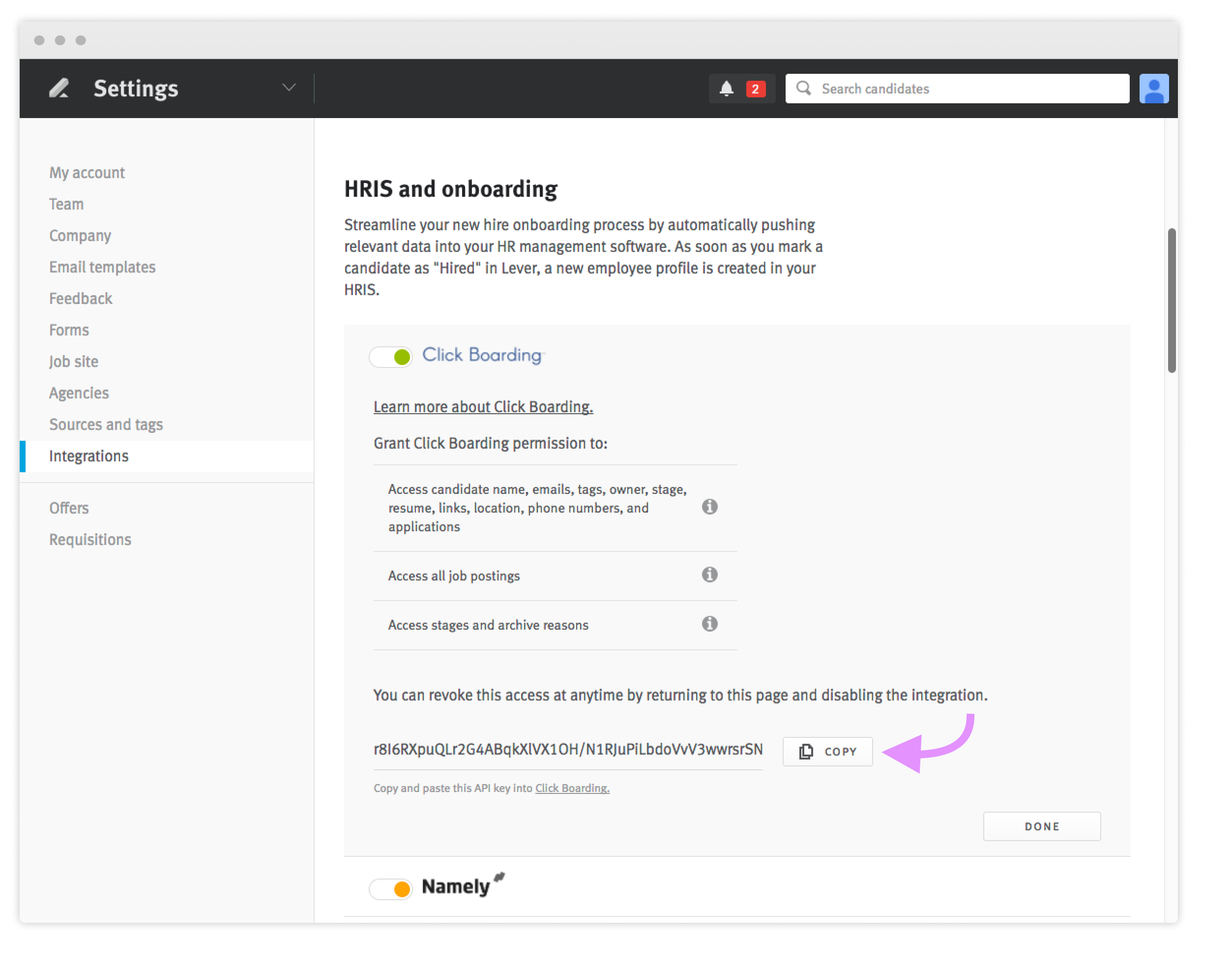 Lever integrations settings page with arrow pointing to the copy button next to the API key in the HRIS and onboarding section