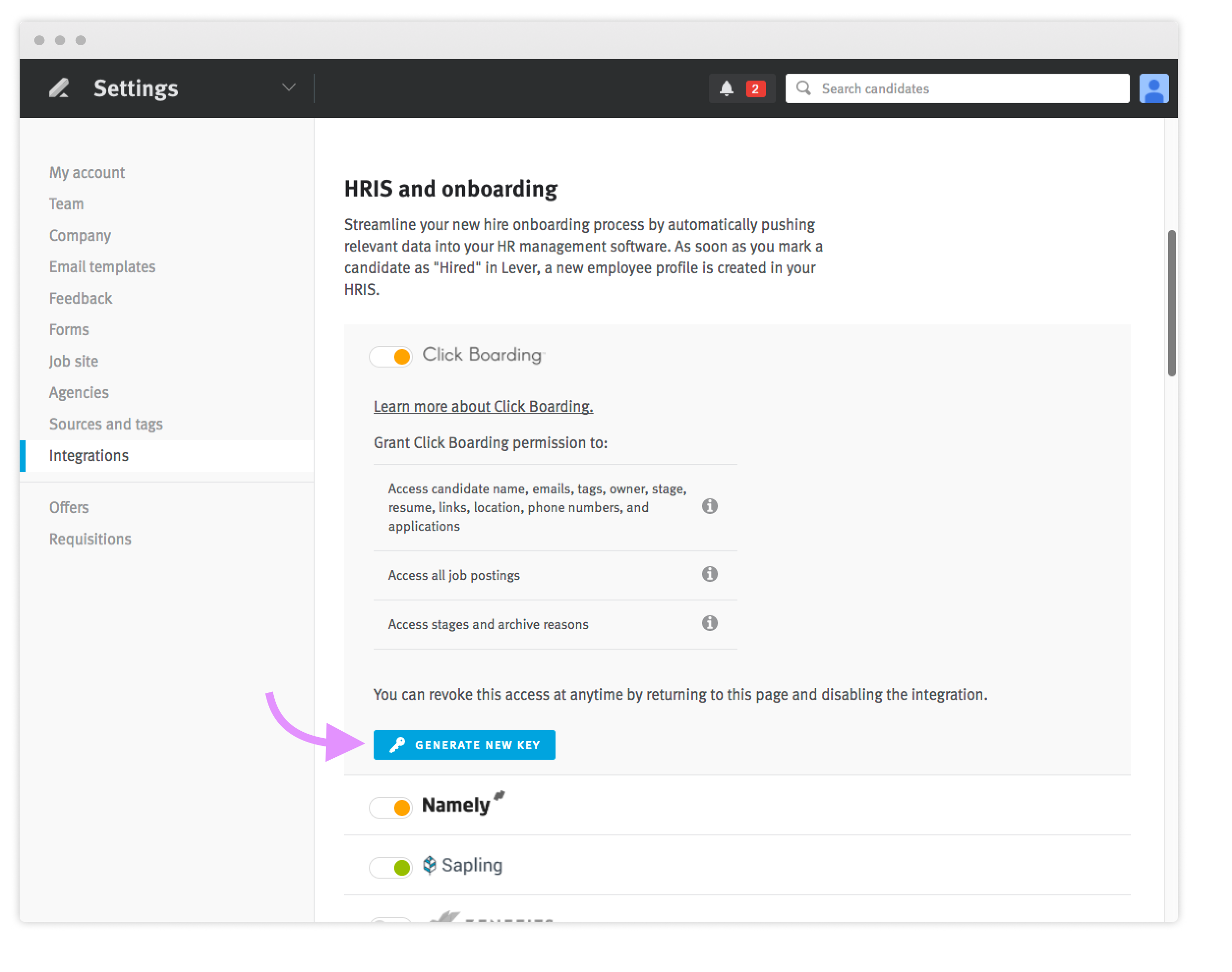 Lever integrations settings page with arrow pointing to generate new key button in the HRIS and onboarding section
