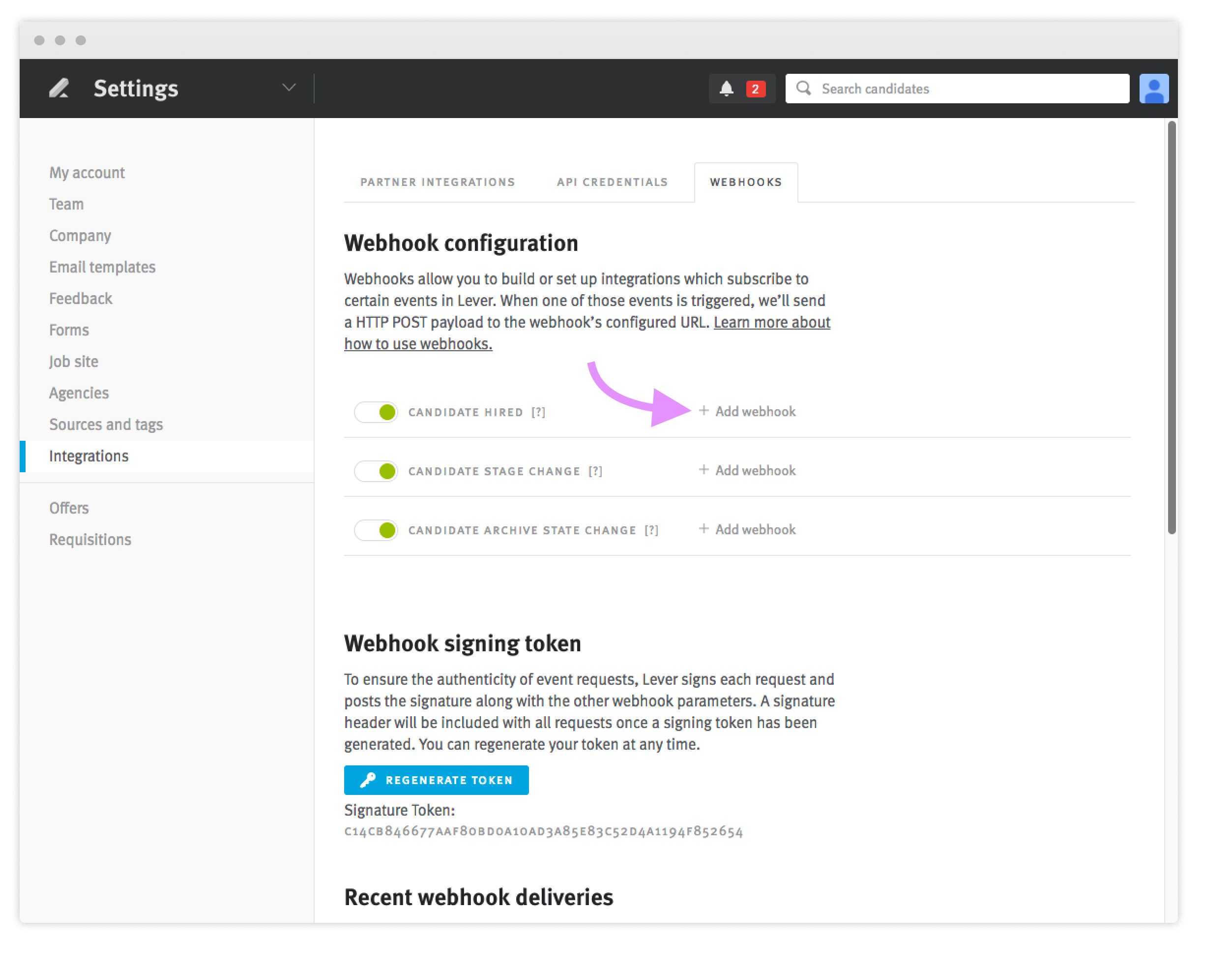 Lever integrations settings page in webhooks tab with arrow pointing to add webhook