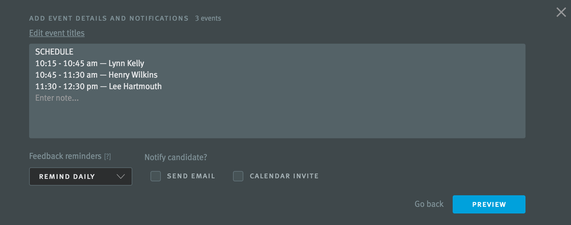 Event details and notifications screen in Lever interview scheduler.