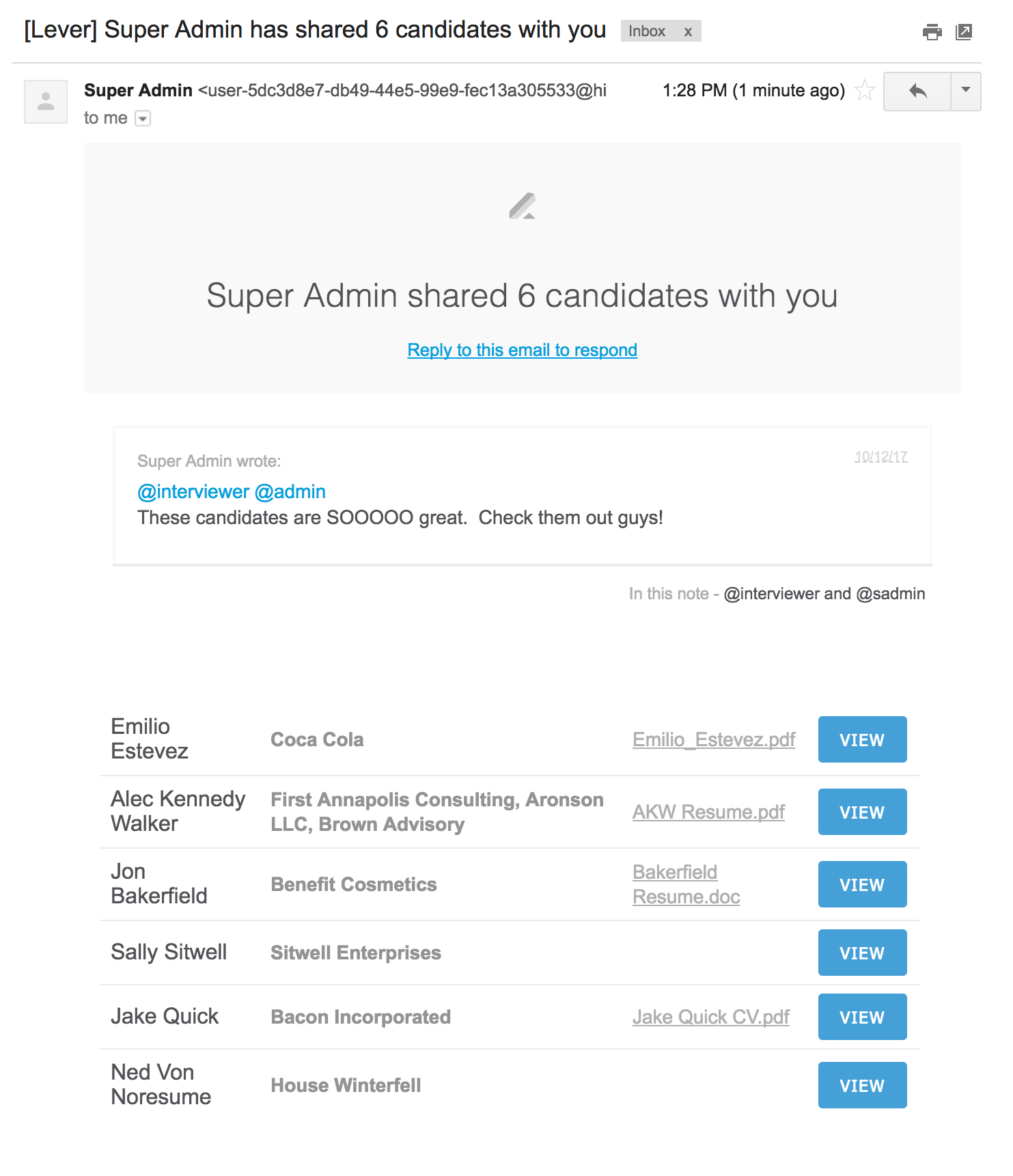 Email with shared candidates as it appears to an internal user.