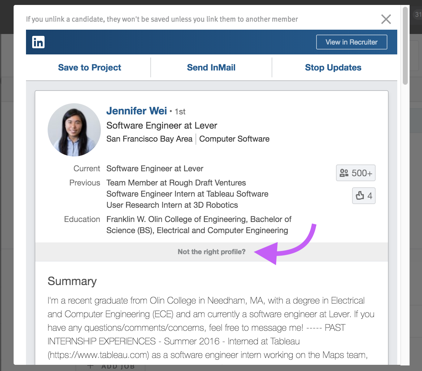Matching candidate profile in LinkedIn subwindow, with arrow pointing to Not the right profile? link