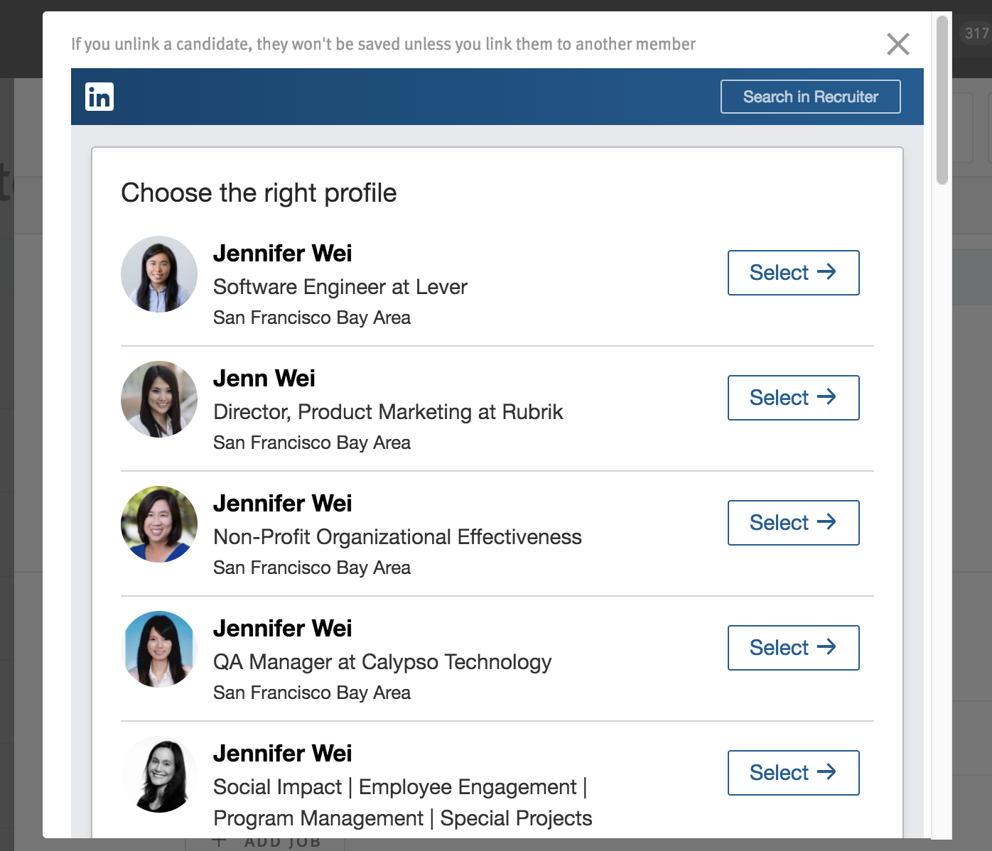 List of closest matching profiles in LinkedIn subwindow