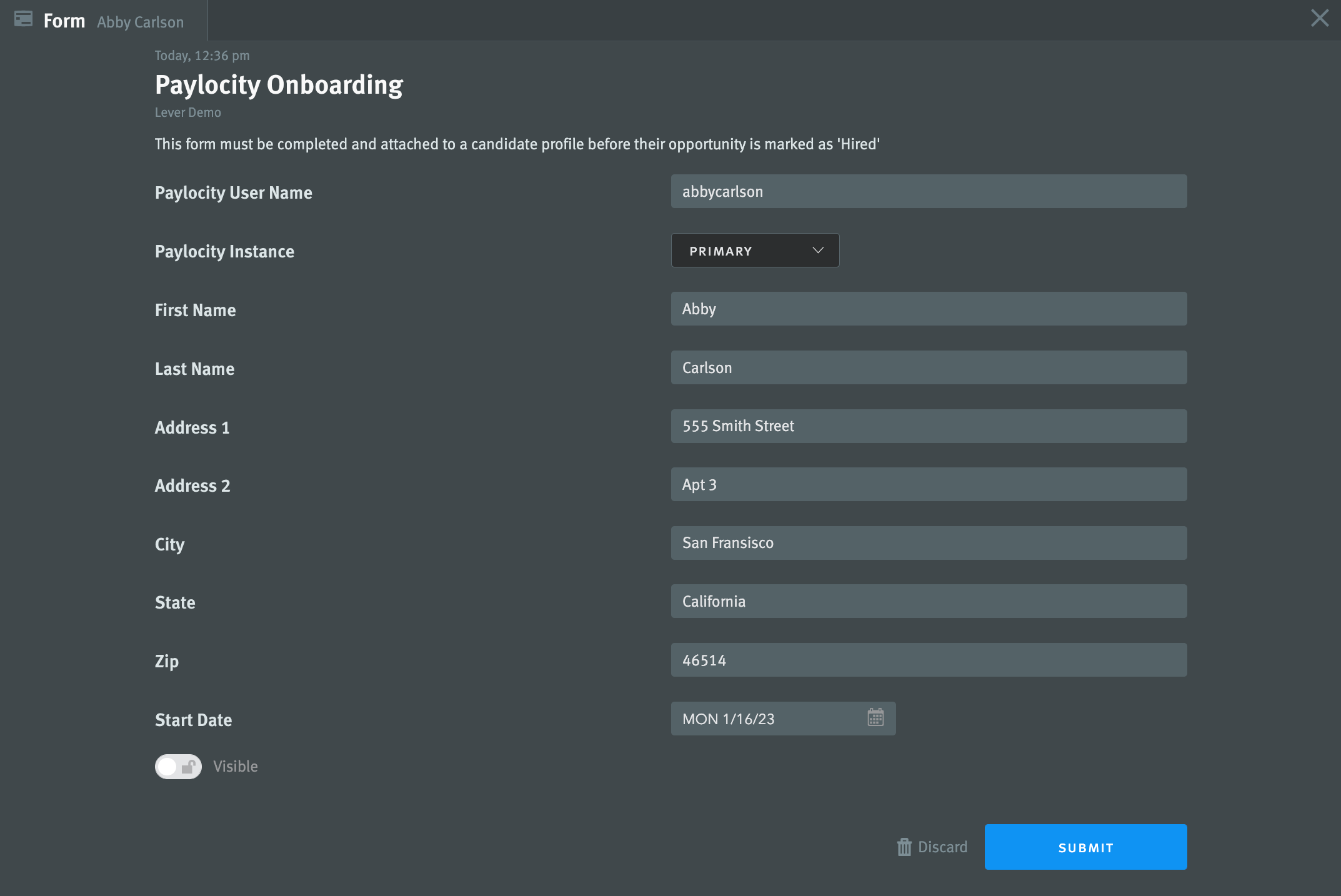 Completed Paylocity Onboarding form on candidate profile