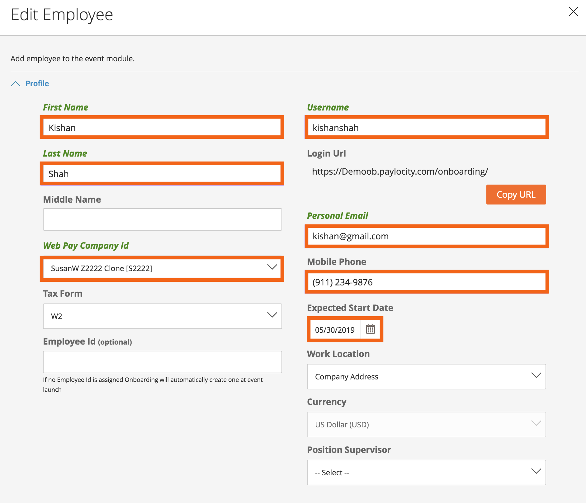 Fields outlined on candidate onboarding record in Paylocity