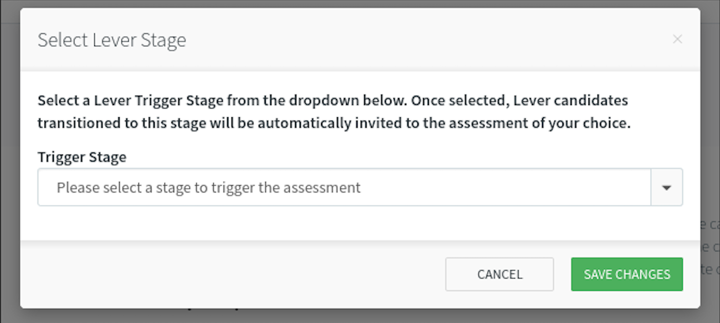 Stage selection modal with dropdown menu to select trigger stage