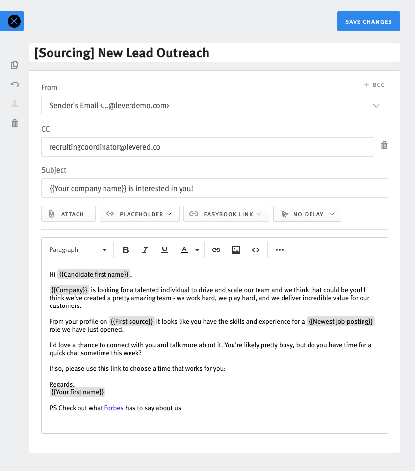 Lever email template editor showing email template