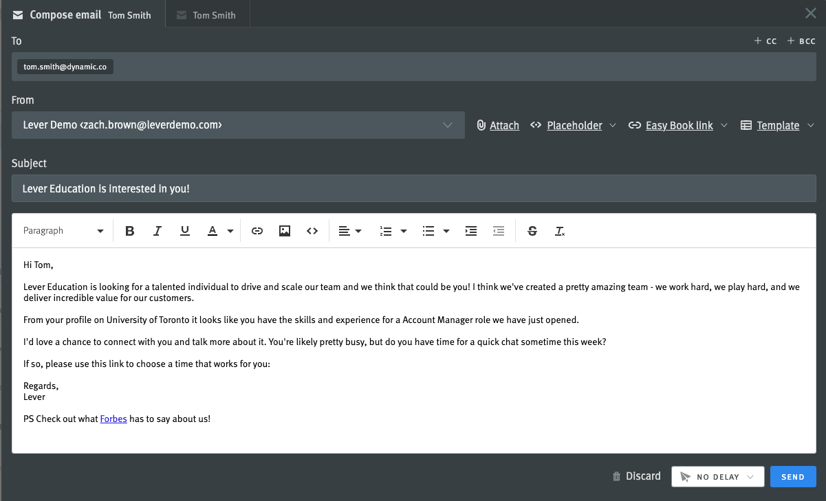 Lever email window opened showing loaded email template with personalized details