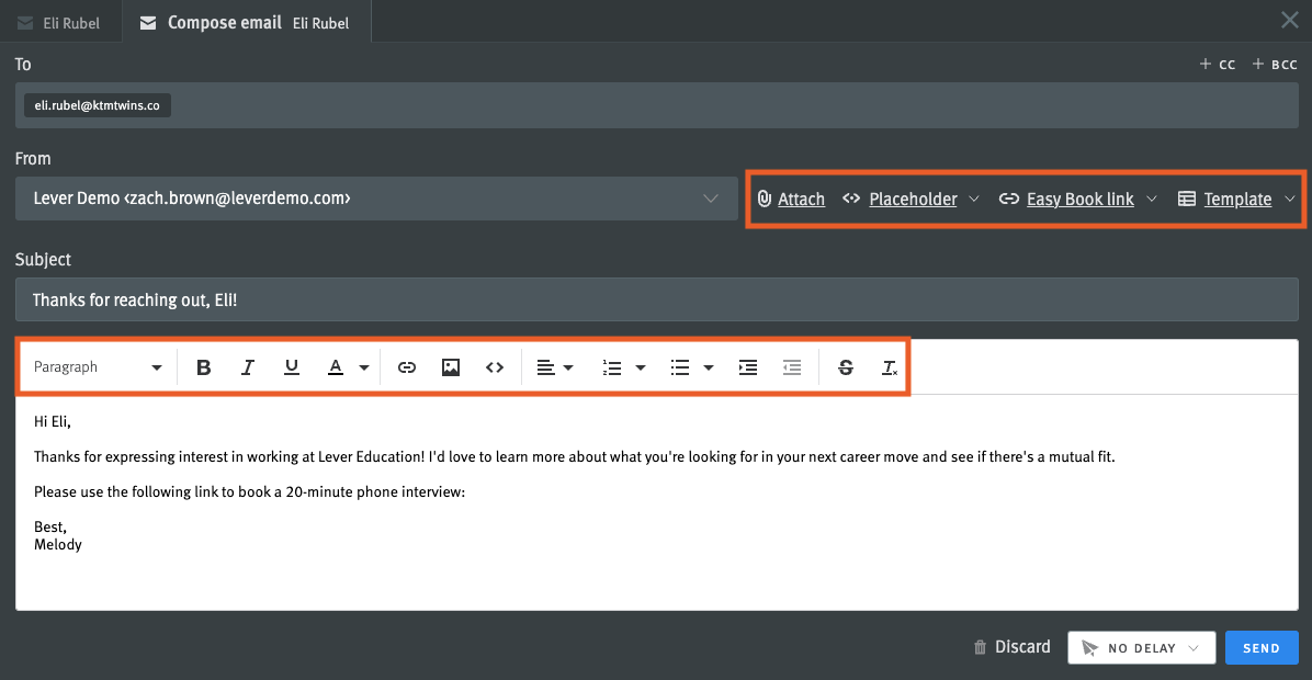 Email editor with attachments bar and formatting bar outlined